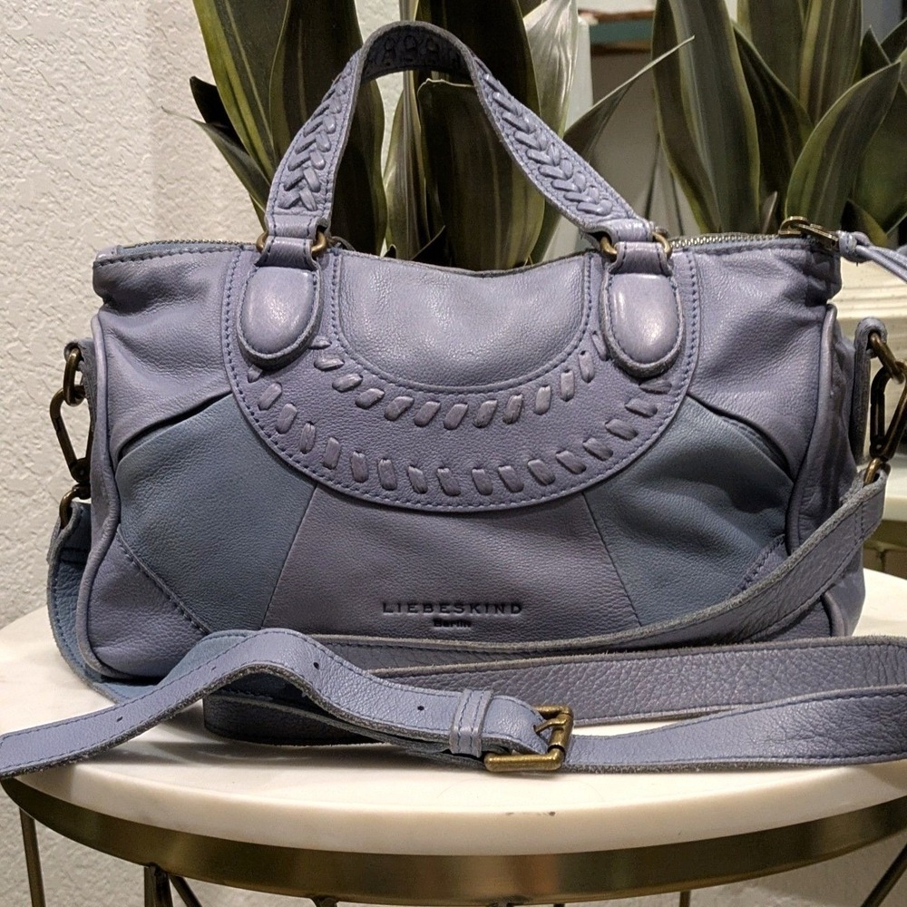 Liebeskind Berlin Satchel Bag Medium Sz Real Leather Blue Braided Crossbody Boho